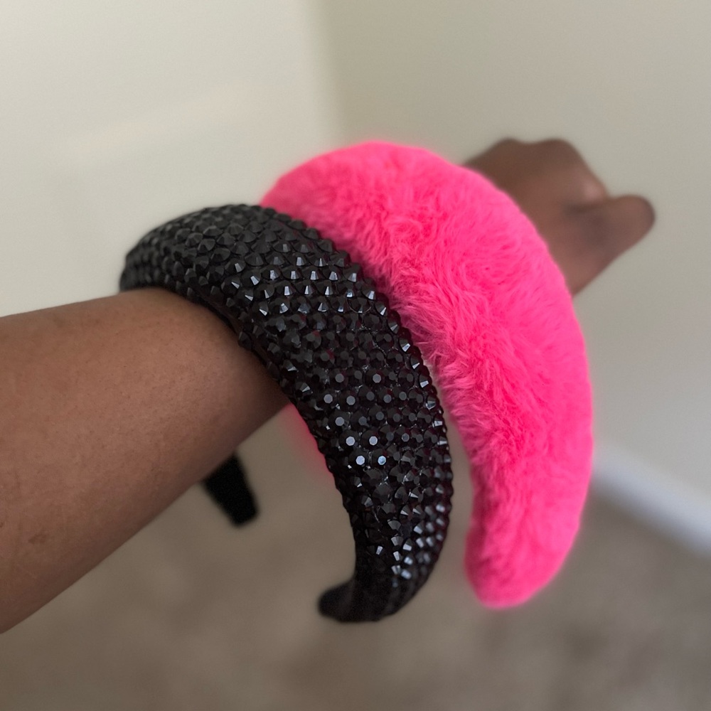 Pink furry headband and black rhinestone headband
